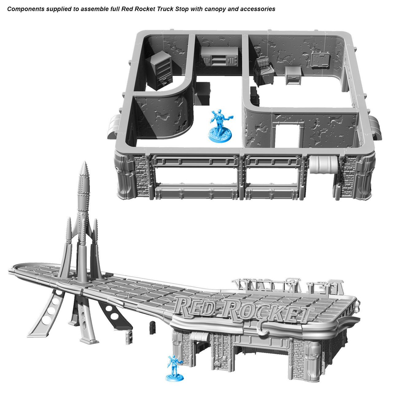Components supplied to assemble full Red Rocket Truck Stop with canopy and accessories